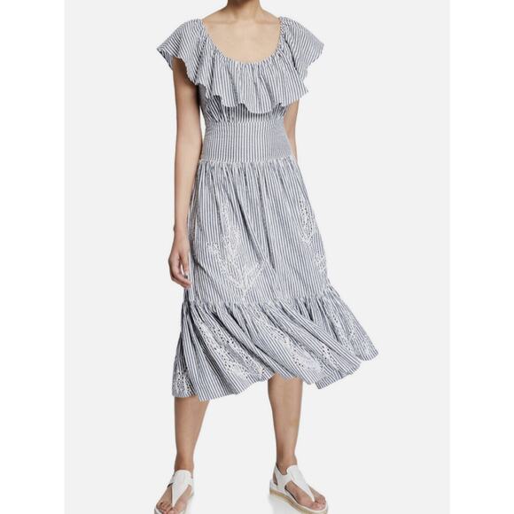 Tory Burch Eyelet Embroidered Stripe Flounce Ruffles Midi Dress Coastal Womens 4